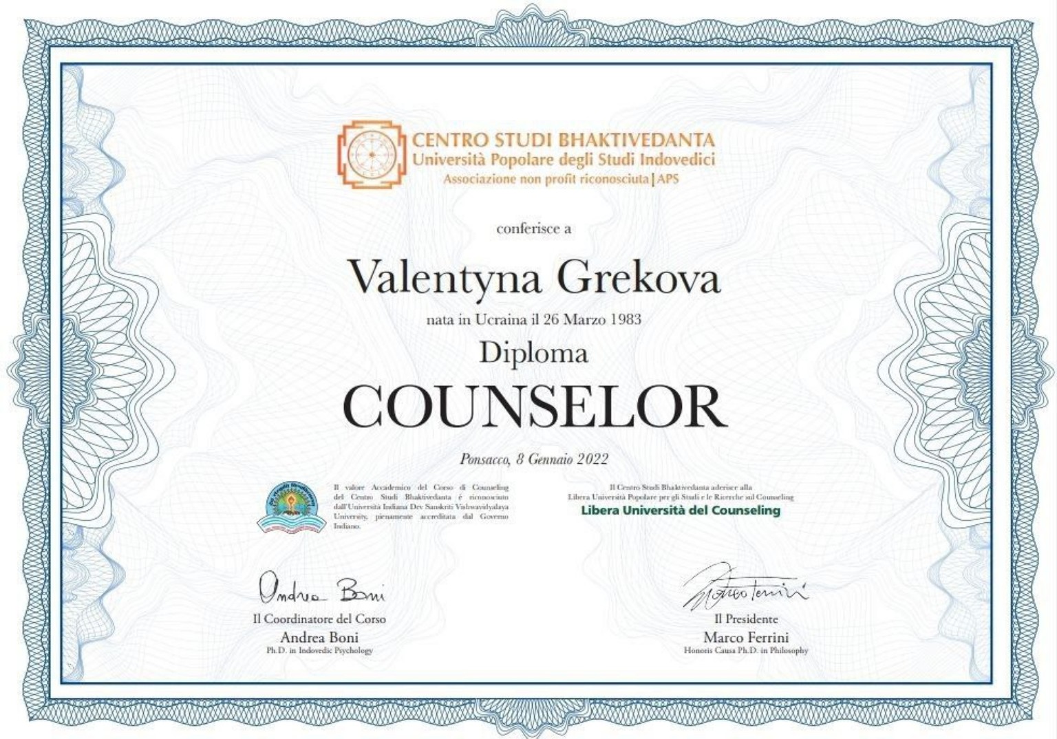 Diploma COUNSELOR — Centro Studi Bhaktivedanta, Италия (2022)